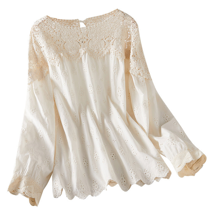 Apricot Lace Hollow-Out Blouse Womens Top