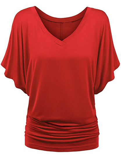 Plus-size Loose-fit Batwing-sleeve V-neck Short-sleeve T-shirt Top