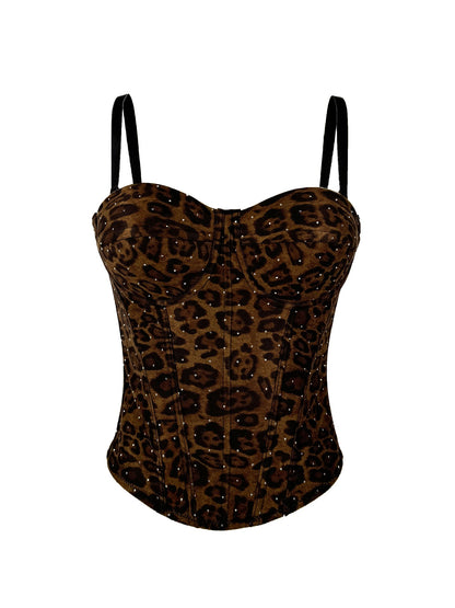 European And American Golden Brown Leopard Print Suede Short Vest With Inner Strap Can Be Worn Outside Stretch Gathered Fishbone Shaped Corset
