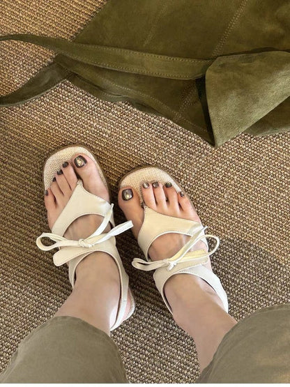 Vintage Elegant Bow Square Toe Thong Block Heel Sandals For Women, Summer Flip Flop Roman Sandals With Velcro Closure