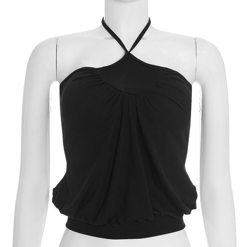 New Solid-color Slimming Sleeveless Halter Top With Gathered Straps