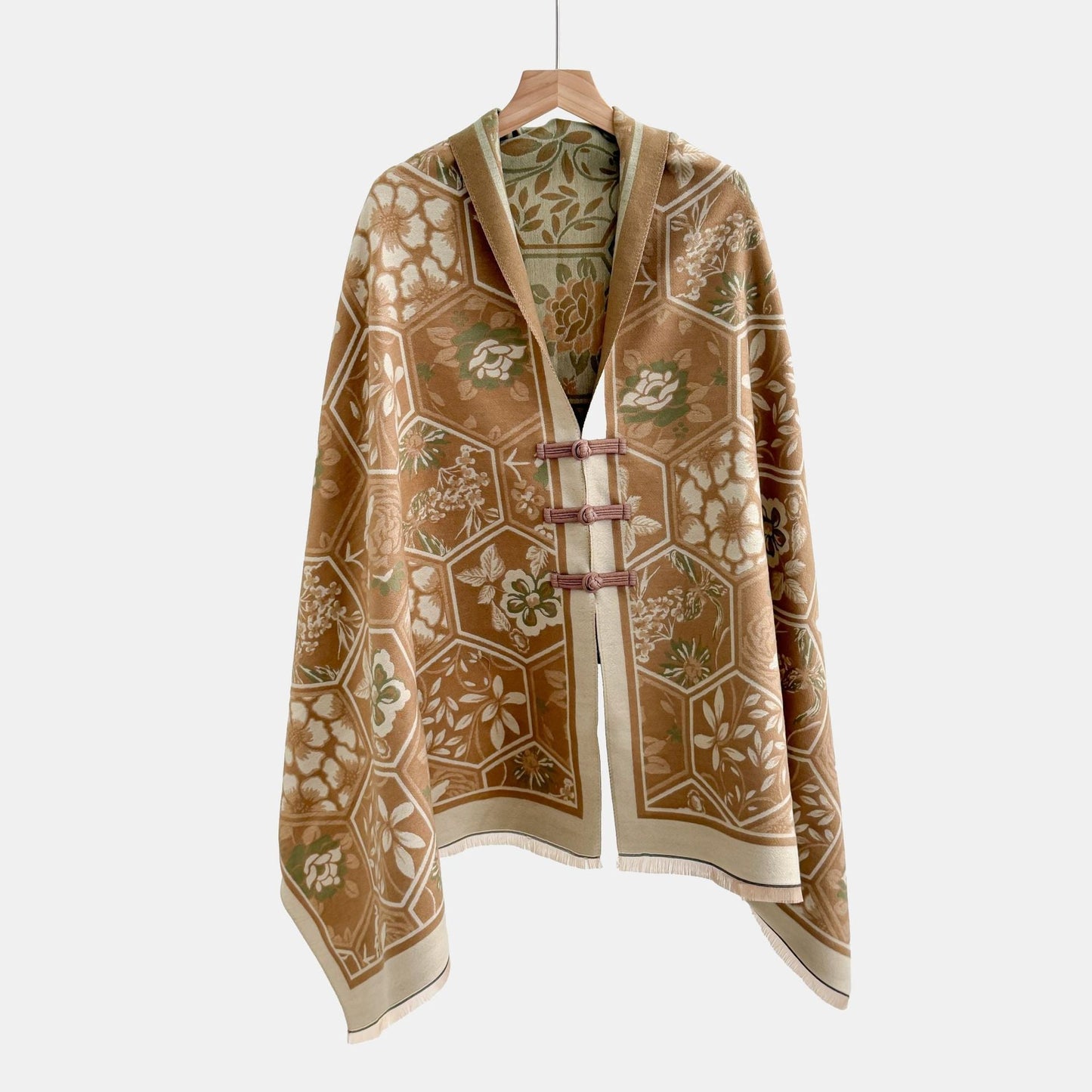 Vintage Knot-button Outerwear Jacquard Shawl