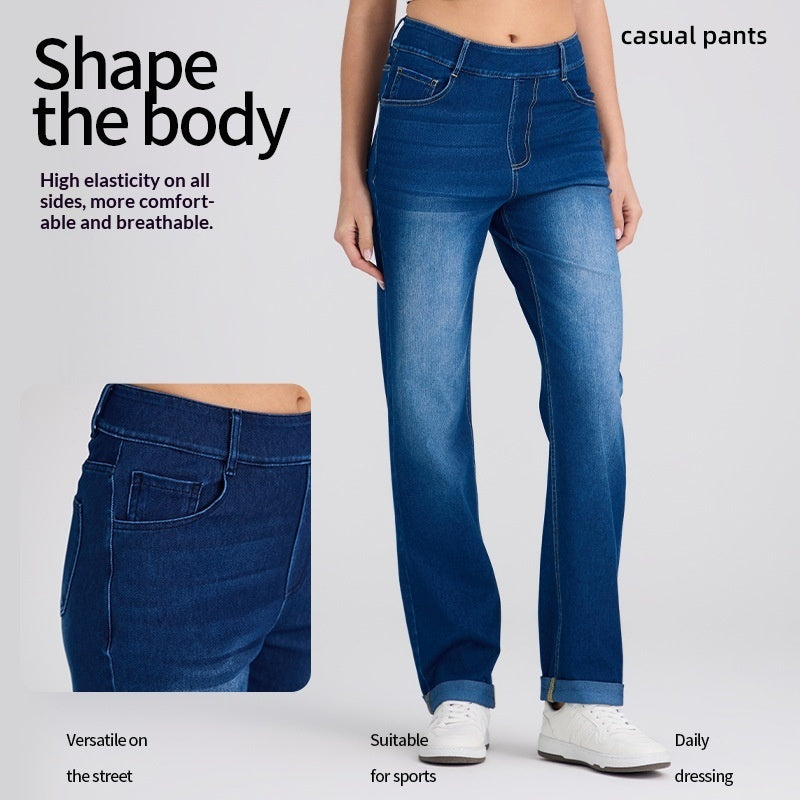 Cuffed Knitted Denim Straight-Leg Pants For Women