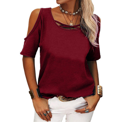 2026 Spring Summer European And American Women's Fashion Casual Solid Color Off Shoulder Loose Short Sleeved T-shirt