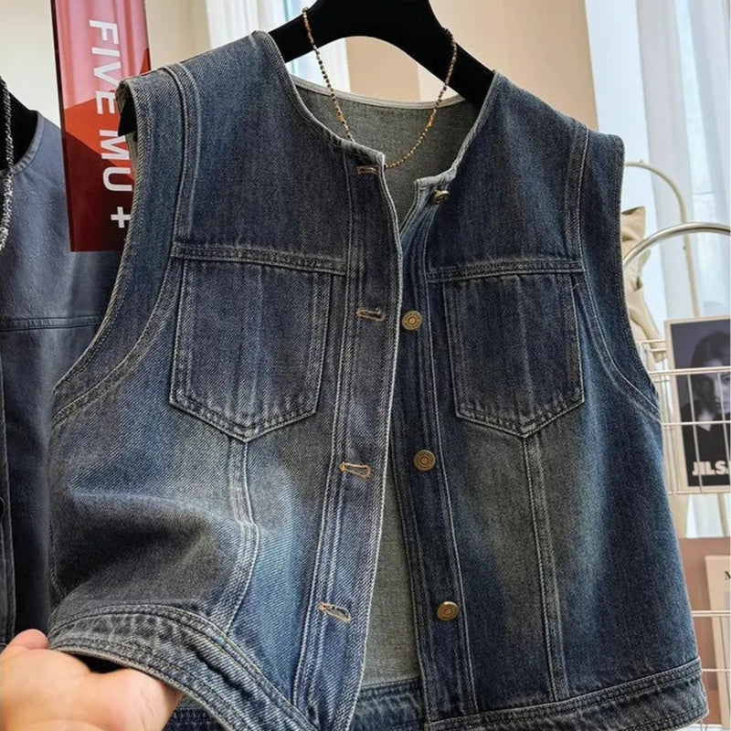 Round-neck Loose-fit Figure-flattering Denim Vest Jacket