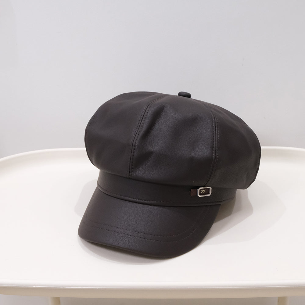 Fashionable Retro Matte PU Solid-color Newsboy Hat With Metal Label And Soft Leather Pumpkin Hat For Autumn Winter, Classic British Style, Versatile For All Occasions