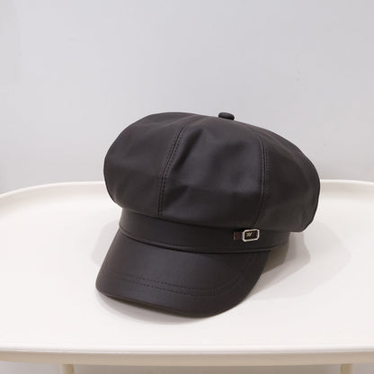Fashionable Retro Matte PU Solid-color Newsboy Hat With Metal Label And Soft Leather Pumpkin Hat For Autumn Winter, Classic British Style, Versatile For All Occasions