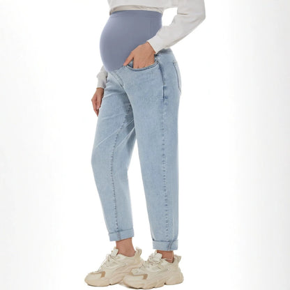 Womens Versatile Dark-blue Belly-supporting Jeans