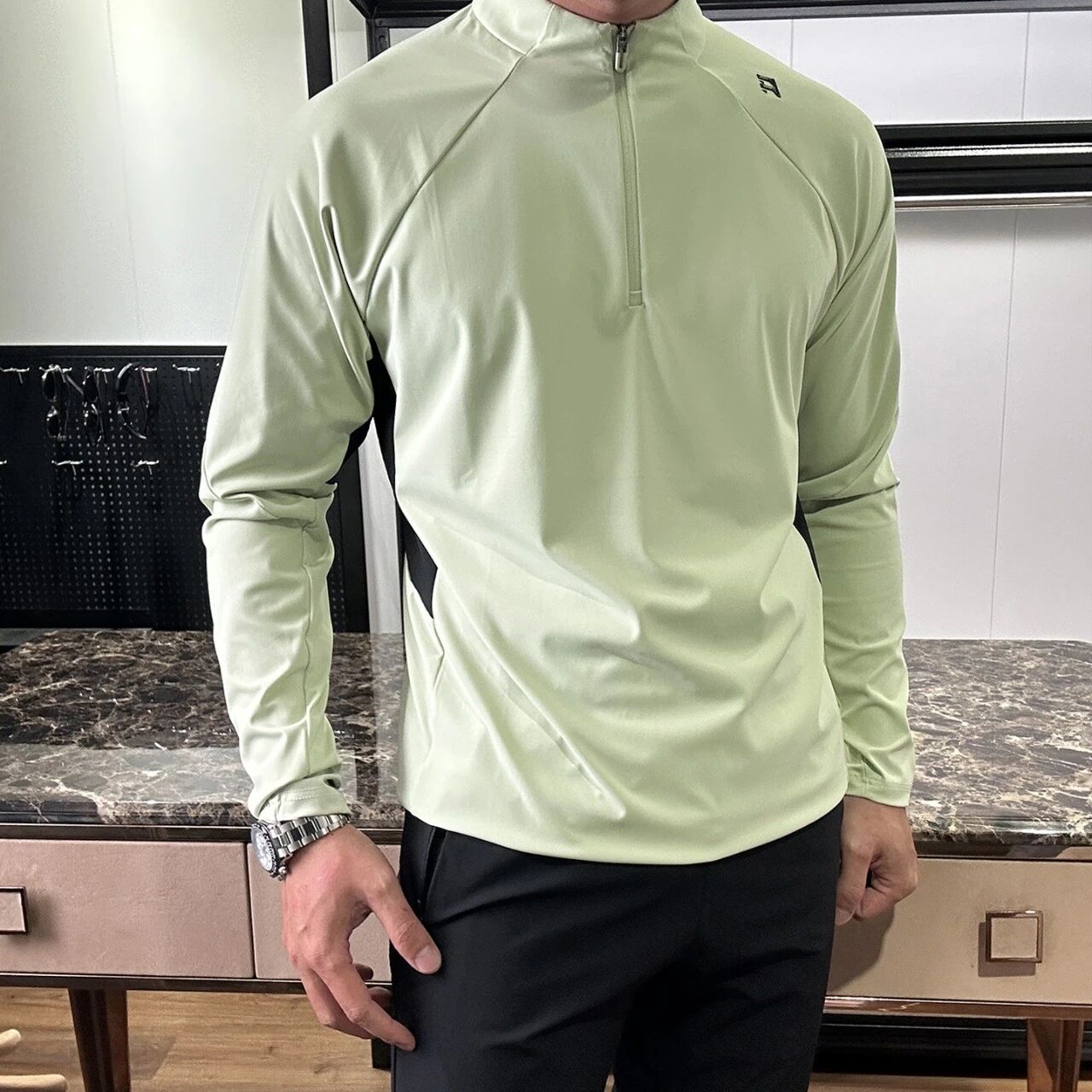 Mens Quarter Zip Quick Dry Long Sleeve Pullover Stand Collar Athletic Tops Breathable Lightweight Outdoor Hiking Running Training Performance Shirts