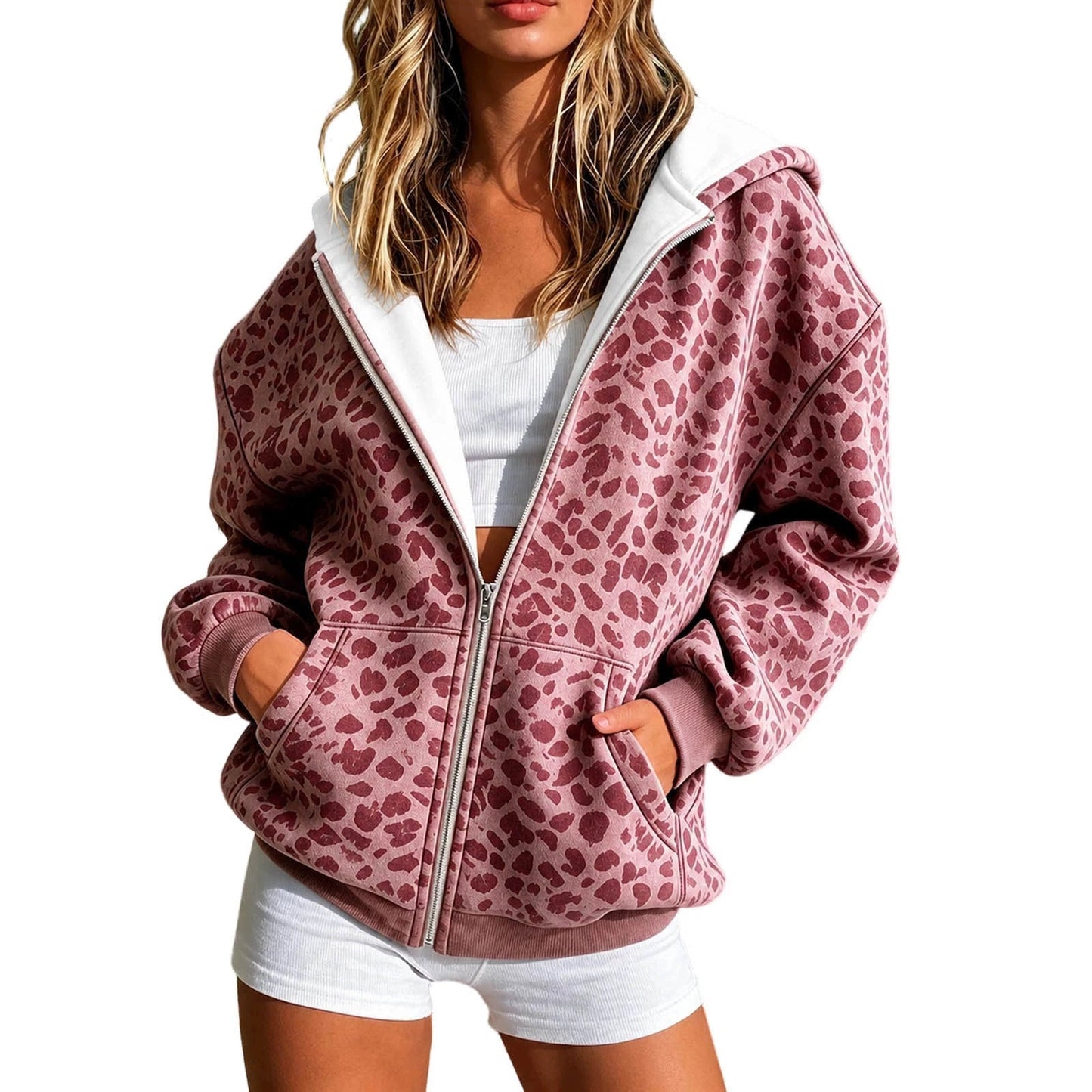 Womens Leopard-Print Hooded Zip-Up Sweatshirt Jacket
