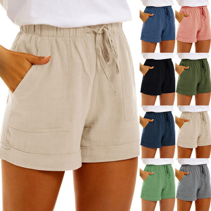 Cross-border Hot Sale Ladies Solid Color Cotton Linen Pocket Strap High Waist Casual Shorts