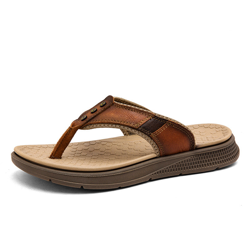 Mens Casual Breathable Full-grain Leather Slippers
