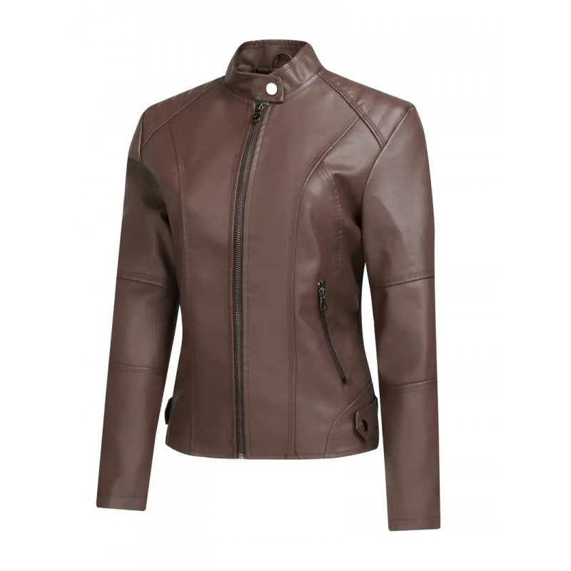 Womens Fashionable Short Washed-leather Zip-up Jacket