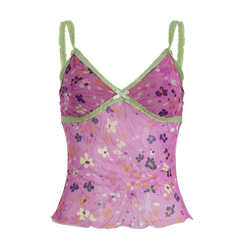 Girly Floral Romantic V-Neck Color-Blocked Strapless Tank Top With Ruffled Edges, Slim-Fit Mesh Top For Women