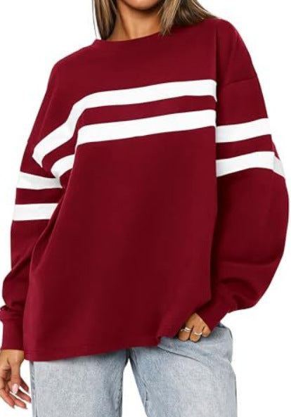 Fashionable Womens Fallwinter Casual Patchwork Striped Sweatshirt