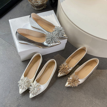 Women's 6cm Invisible Height Increase Mary Jane Flats, French Elegant Pointed Toe Low Cut Slip On Shoes, Rhinestone Floral Decor Dress Shoes For Matching Dresses