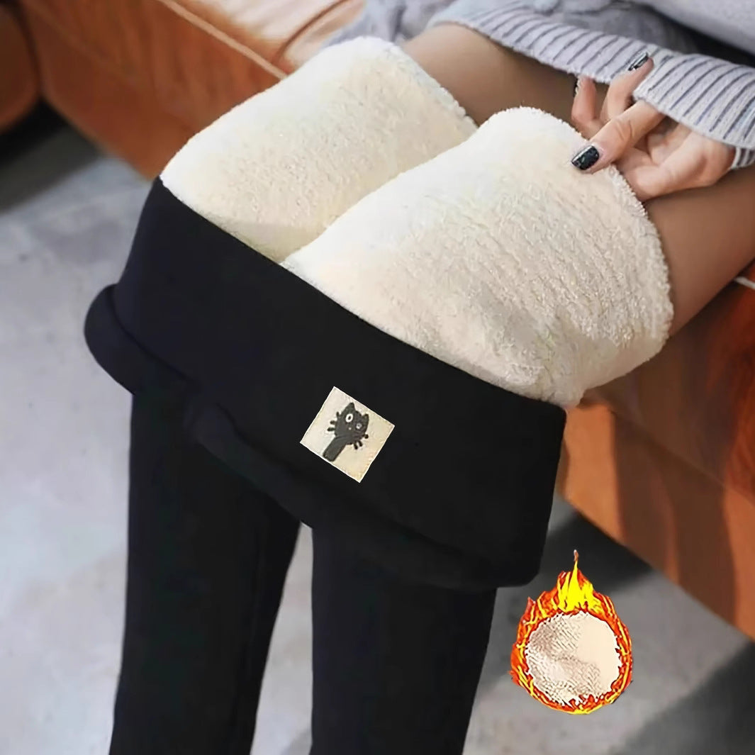 Womens High-Waisted Embroidered Cat Fleece-Lined Leggings