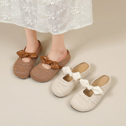 French Woven Hollow Toe Slippers For Women, Versatile Flat Soft Sole, Half Drag Fishing Net Shoes