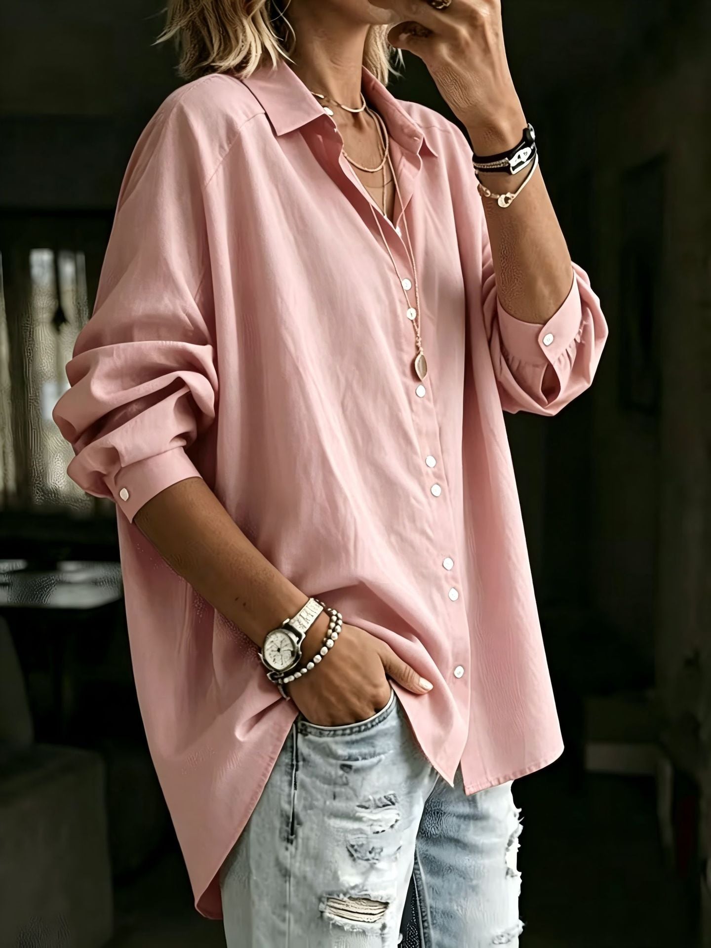 Casual Lapel Long-sleeve Shirt Fashionable Womens Wear