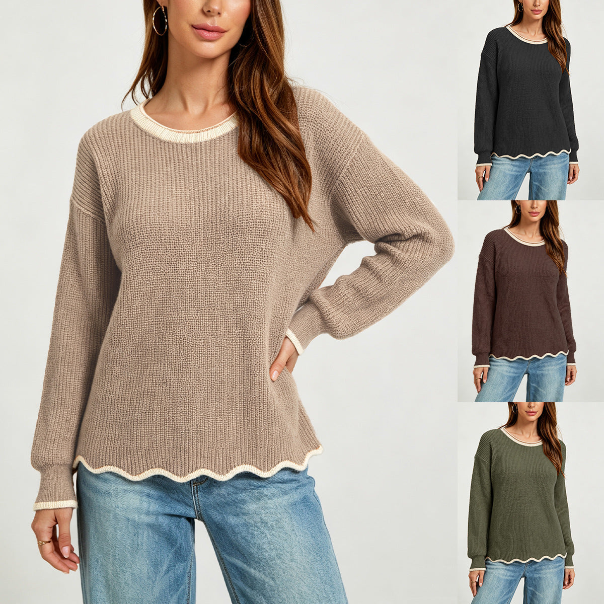 Womens Round-neck Loose-fit Versatile Knit Sweater