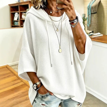 Women Casual Waffle Knit Hooded Tops Drawstring 3 4 Batwing Sleeve Loose Fit Solid Color Pullover Sweatshirt