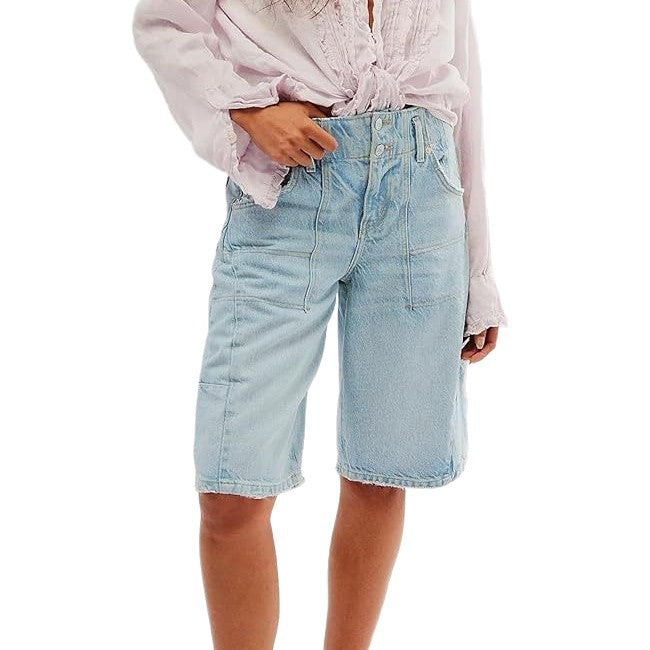 European And American Retro Washed Blue Denim Straight- Leg Cropped Pants