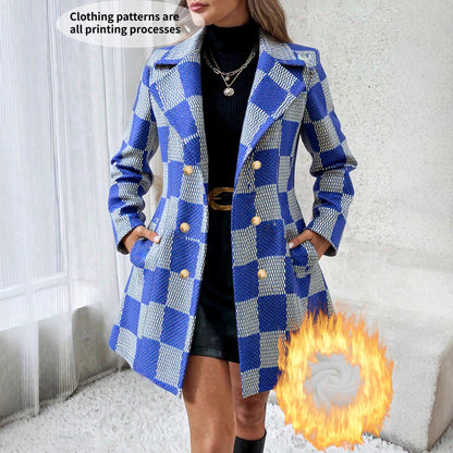Plus-size Contrast-color Plaid Fleece-lined Loose-fit Coat For Women