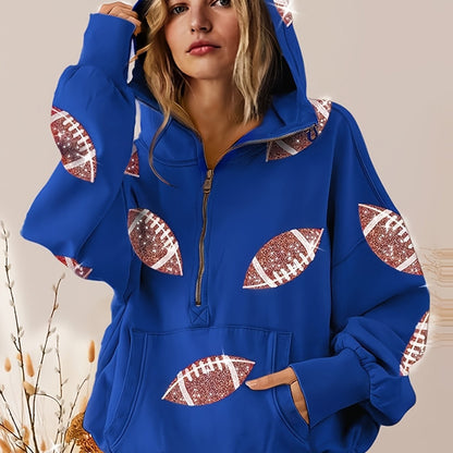 Football Digital Print Hoodie With Long Sleeves And A Zipper