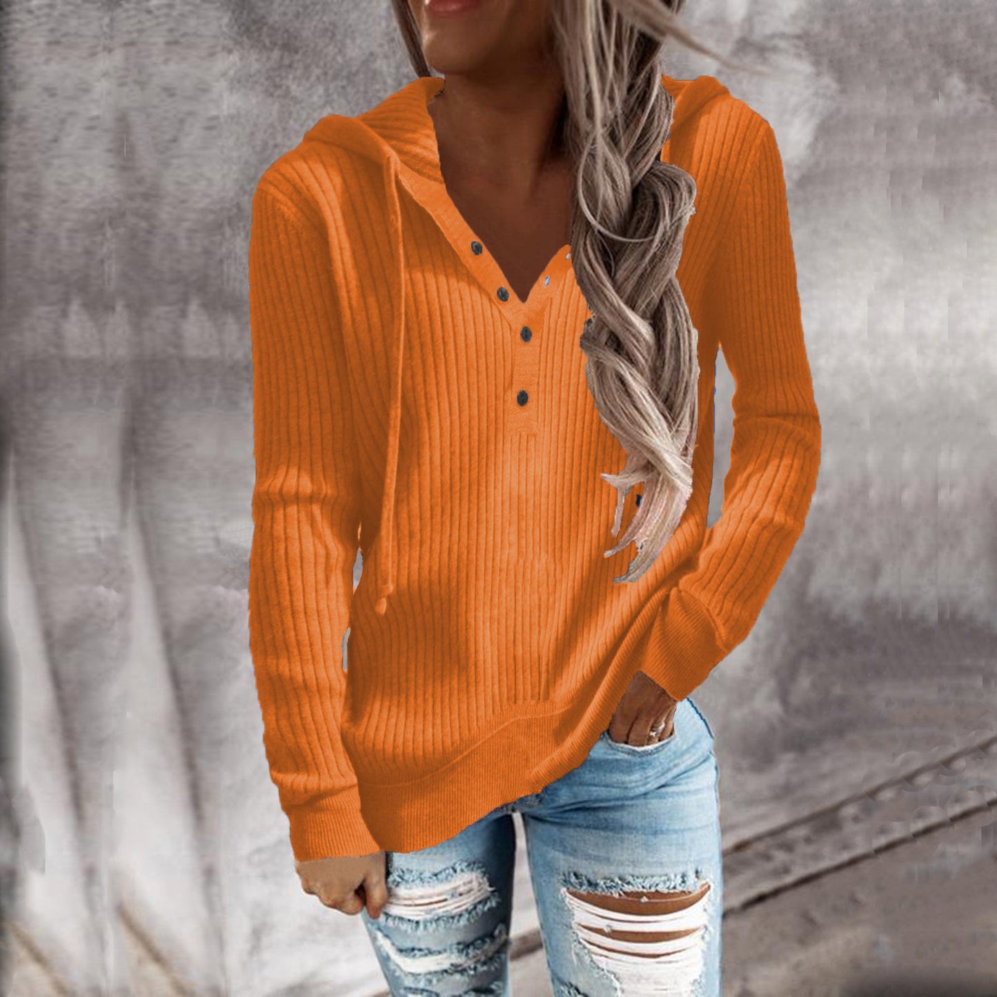 Women Ribbed Knit Hoodie Top Henley Half Button Drawstring Long Sleeve Casual Pullover Blouse