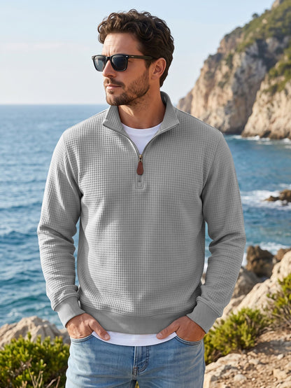 American-style Waffle Knit Half-Zip Stand Collar Men's Sweater, TK Foreign Trade Long Sleeve Pullover Casual Sweatshirt