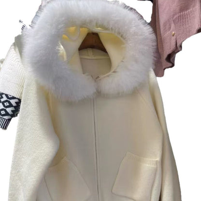 Thickened Hooded Large Fur Collar Knitted Women's Clothing Loose Casual Sweater