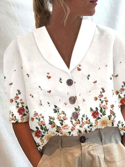 Women's Stand Collar Printed Cotton-Linen Shirt