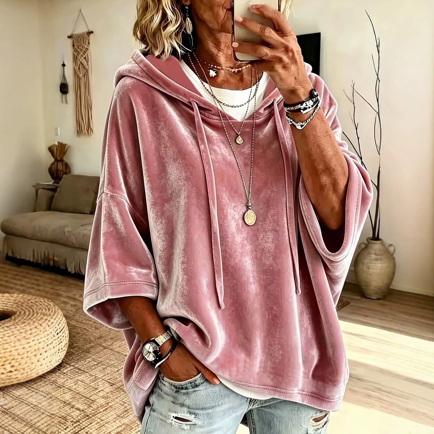 Women Velvet Batwing Short Sleeve Hoodie, Drawstring Loose Casual Solid Color Pullover Tops