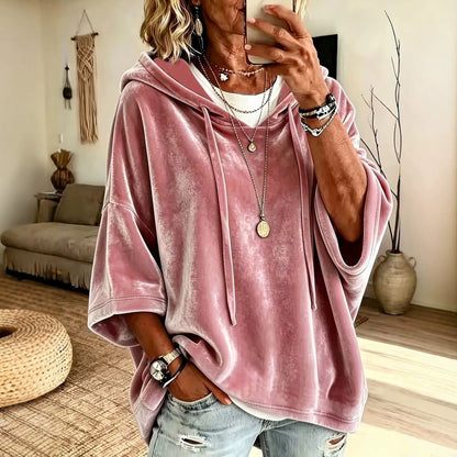 Women Velvet Batwing Short Sleeve Hoodie, Drawstring Loose Casual Solid Color Pullover Tops