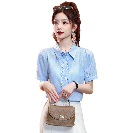 Bubble Sleeve Shirt With Lotus Leaves