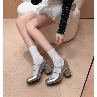 Women Sweet Vintage Glossy Patent Leather Heel Pumps, Soft Round Toe Two Parallel Instep Straps Double Crystal Rhinestone Square Buckle