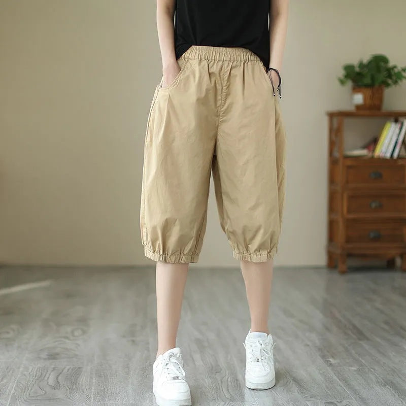Womens Solid-color Casual Loose-fit Retro Shorts