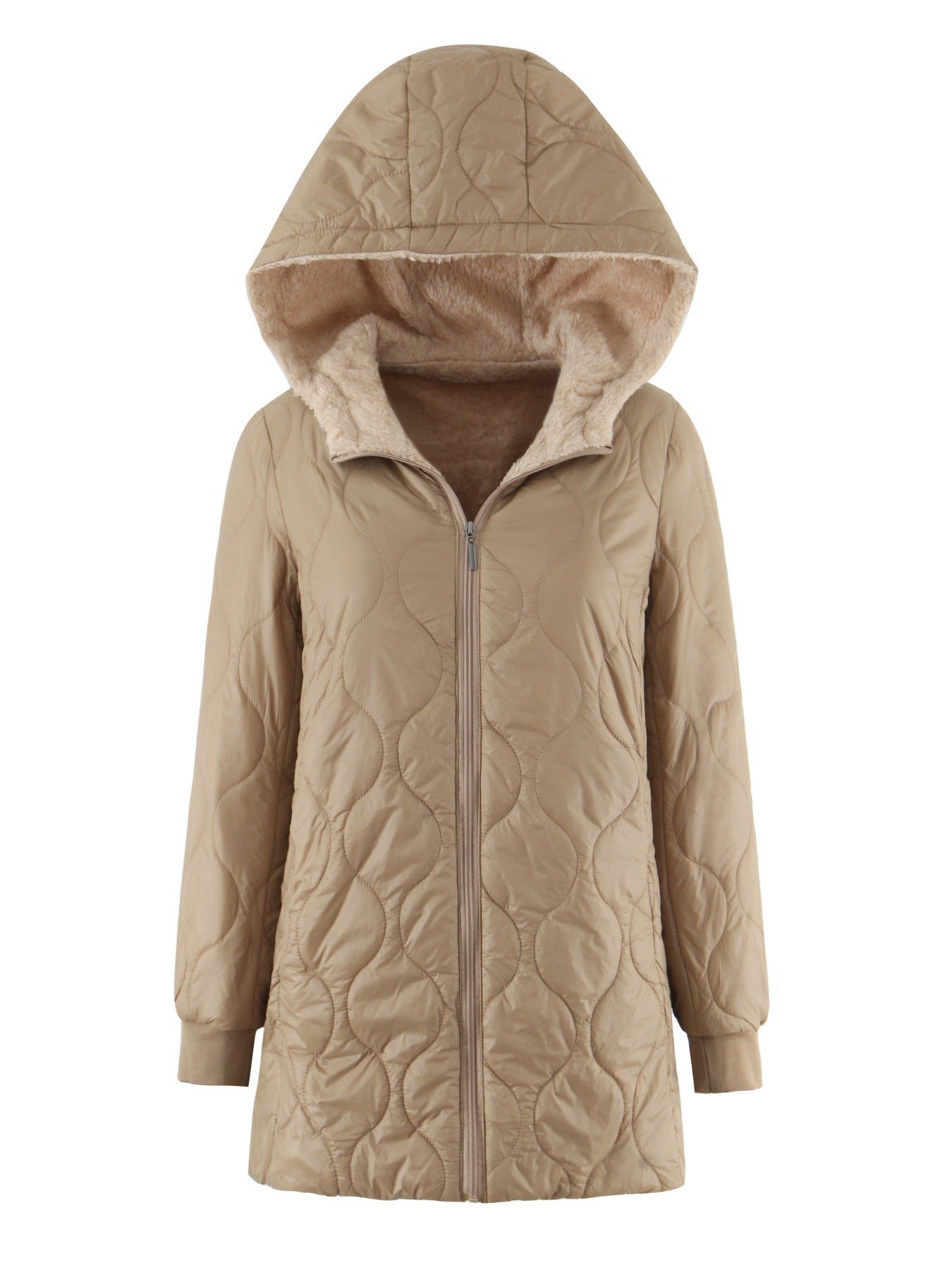 Womens Mid-Length Hooded Padded Coat With Fleece Lining