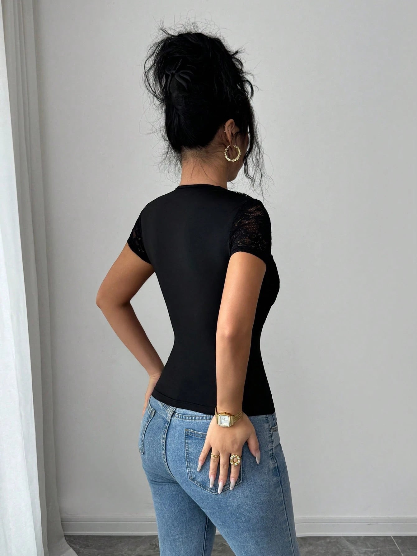 Womens Lace-panelled Hollow-out Short-sleeve Top With Metal Buckles
