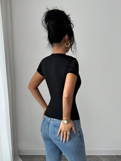 Womens Lace-panelled Hollow-out Short-sleeve Top With Metal Buckles