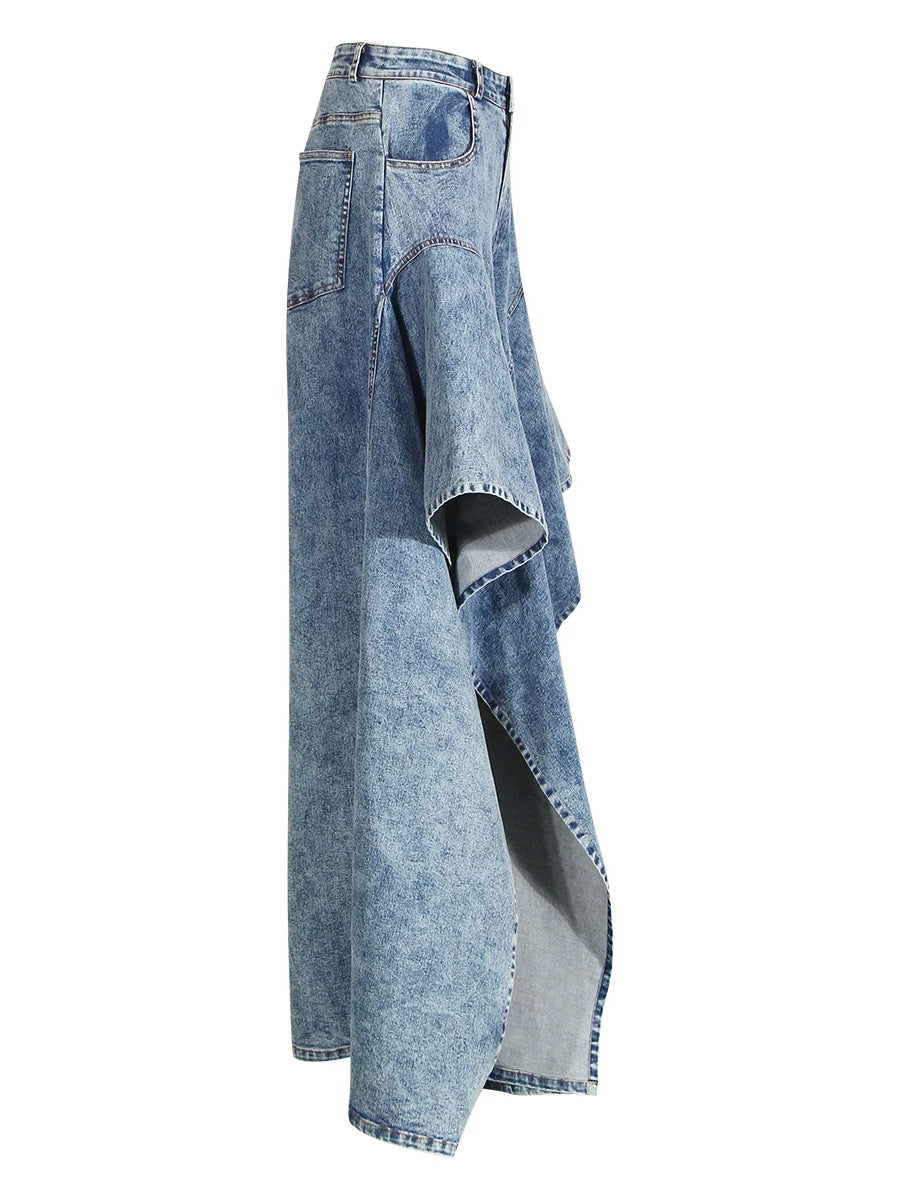 Vintage Washed Denim Asymmetric Ruffle Flare Wide Leg Pants