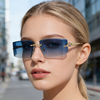 Womens High-end, Diamond-embellished, Curved, Rimless Sunglasses In European And American Style