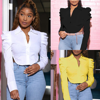 Womens Fashion Cropped Lapel-collar Long-sleeve Slit Blouse