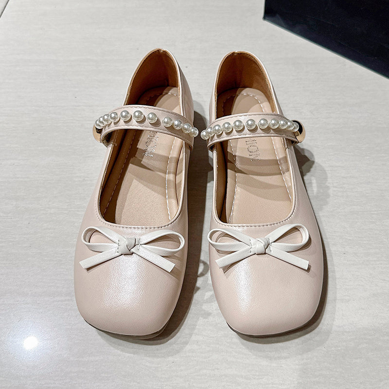Girls & Women Gentle Style Pearl Mary Jane Flats, Bow Decoration Non Slip Soft Sole Hook And Loop Dress Shoes For Spring Autumn