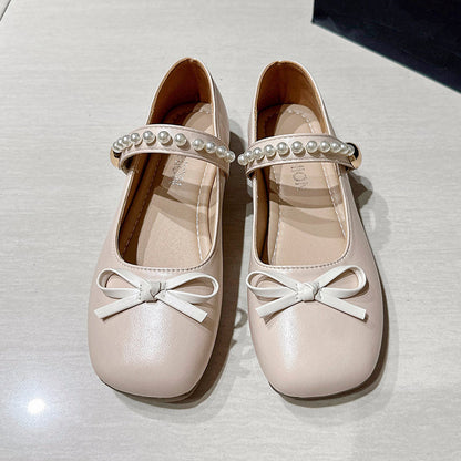 Girls & Women Gentle Style Pearl Mary Jane Flats, Bow Decoration Non Slip Soft Sole Hook And Loop Dress Shoes For Spring Autumn