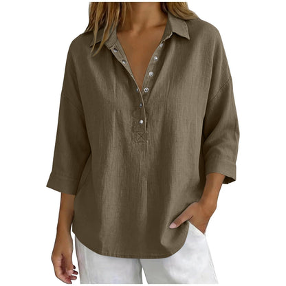 Womens Solid-Color Casual Three-Quarter-Sleeve Shirt