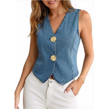 Womens Buttoned Denim Vest Top Fashionable Summer Casual V-Neck Single-Piece Waistcoat