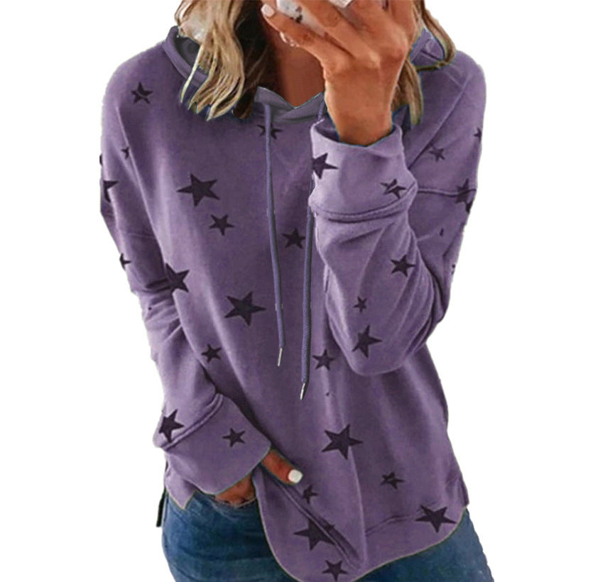 Women's Star Print Drawstring Hoodie, Long Sleeve Side Slit Casual Hooded Sweatshirt With Pockets