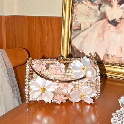 French-style Metal Flower Clutch With Diamonds And Pearls