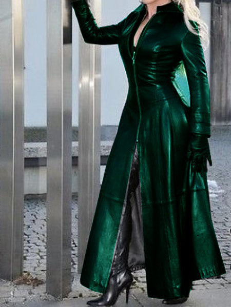 Women's Fashion Long Leather Coat With Stand Collar